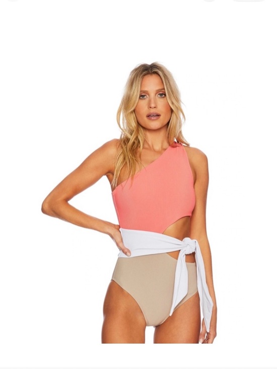 Beach Riot Other - Beach Riot Colorblock One-Shoulder One-Piece Swimsuit in Coral, White & Beige